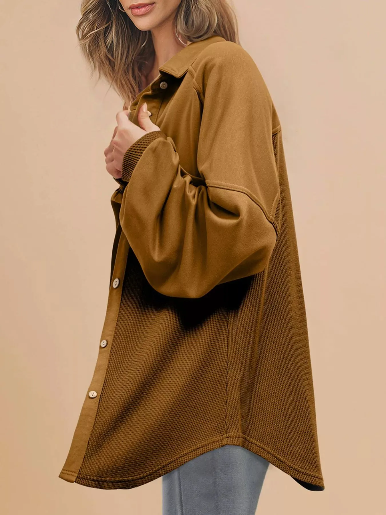 Waffle Knit Patchwork Exposed Seam Loose Shacket sold by Charming Charlie product image thumbnail 2