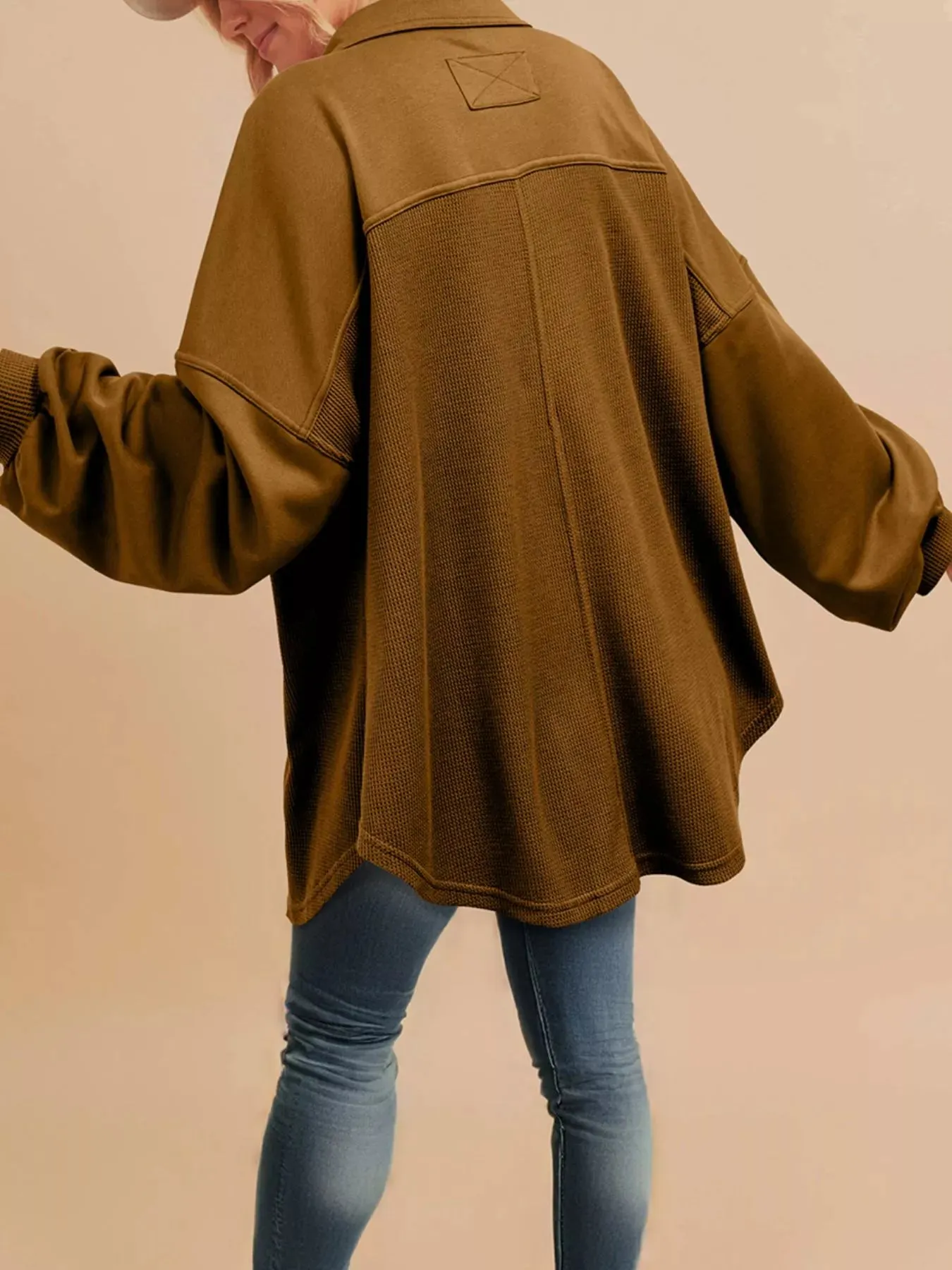 Waffle Knit Patchwork Exposed Seam Loose Shacket sold by Charming Charlie product image thumbnail 3