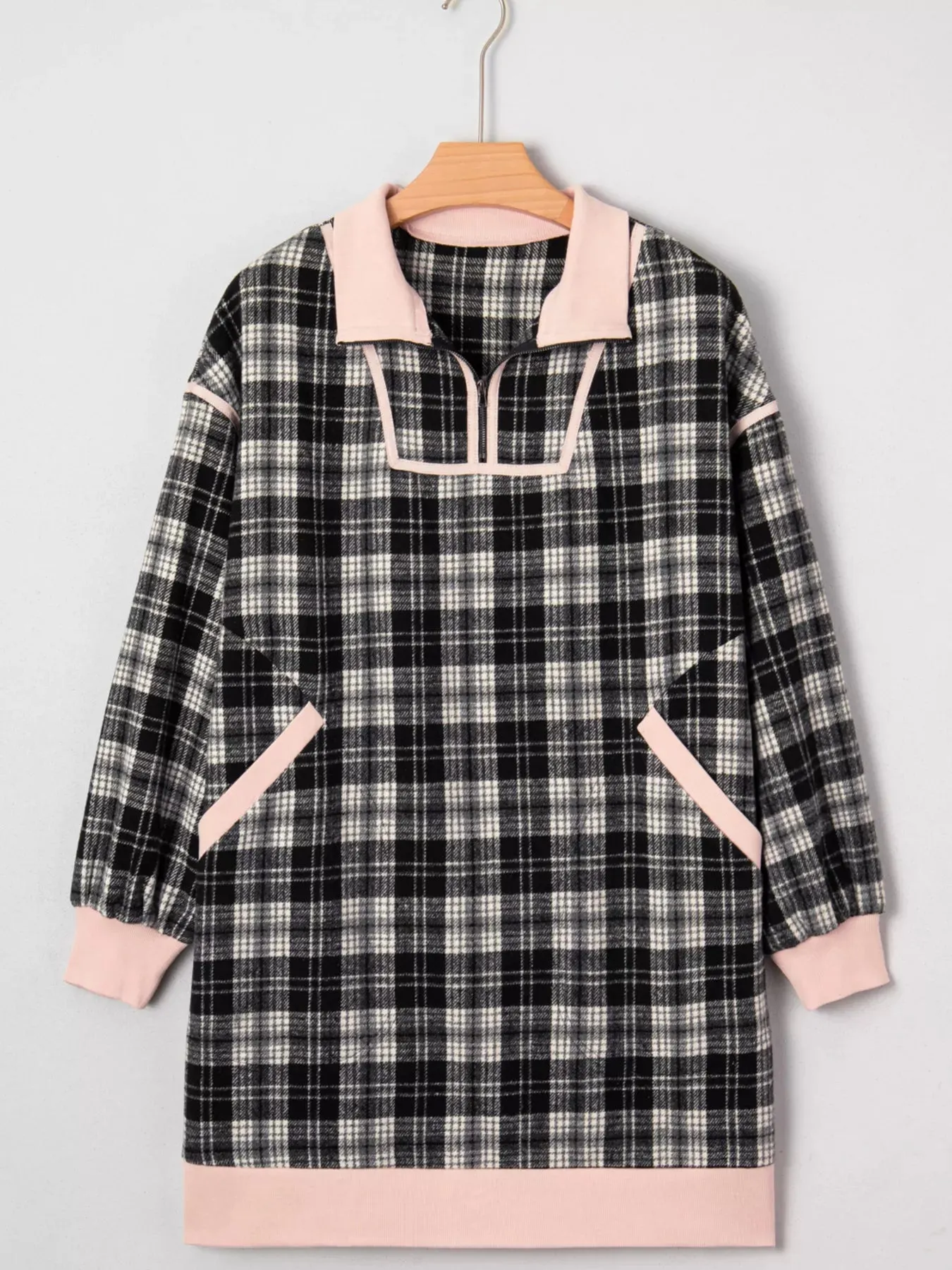 Plaid Polo Collar Zip up Contrast Trim Shift Long Sleeve Mini Dress sold by Charming Charlie product image thumbnail 4