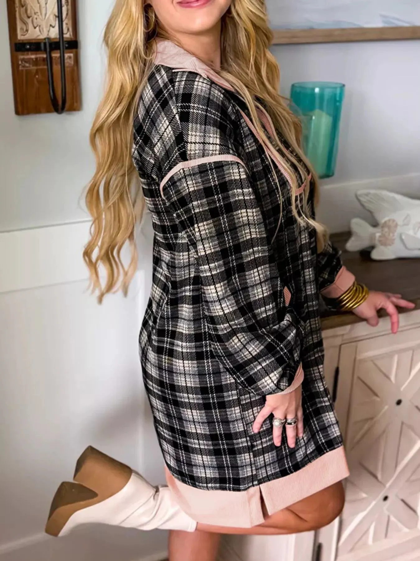 Plaid Polo Collar Zip up Contrast Trim Shift Long Sleeve Mini Dress sold by Charming Charlie product image thumbnail 3
