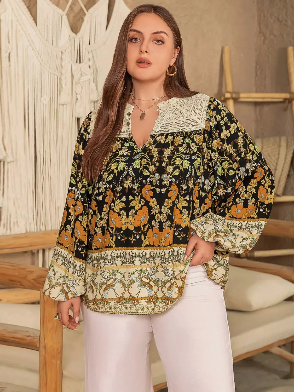 Plus Size Floral Print Notched Blouse sold by Charming Charlie