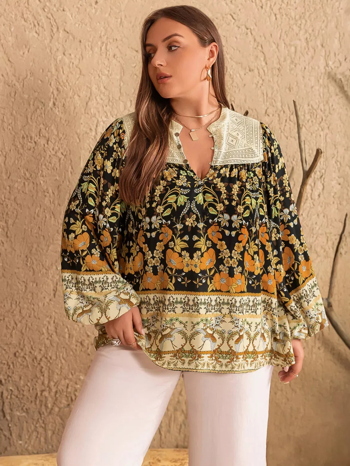 Plus Size Floral Print Notched Blouse sold by Charming Charlie product image thumbnail 3