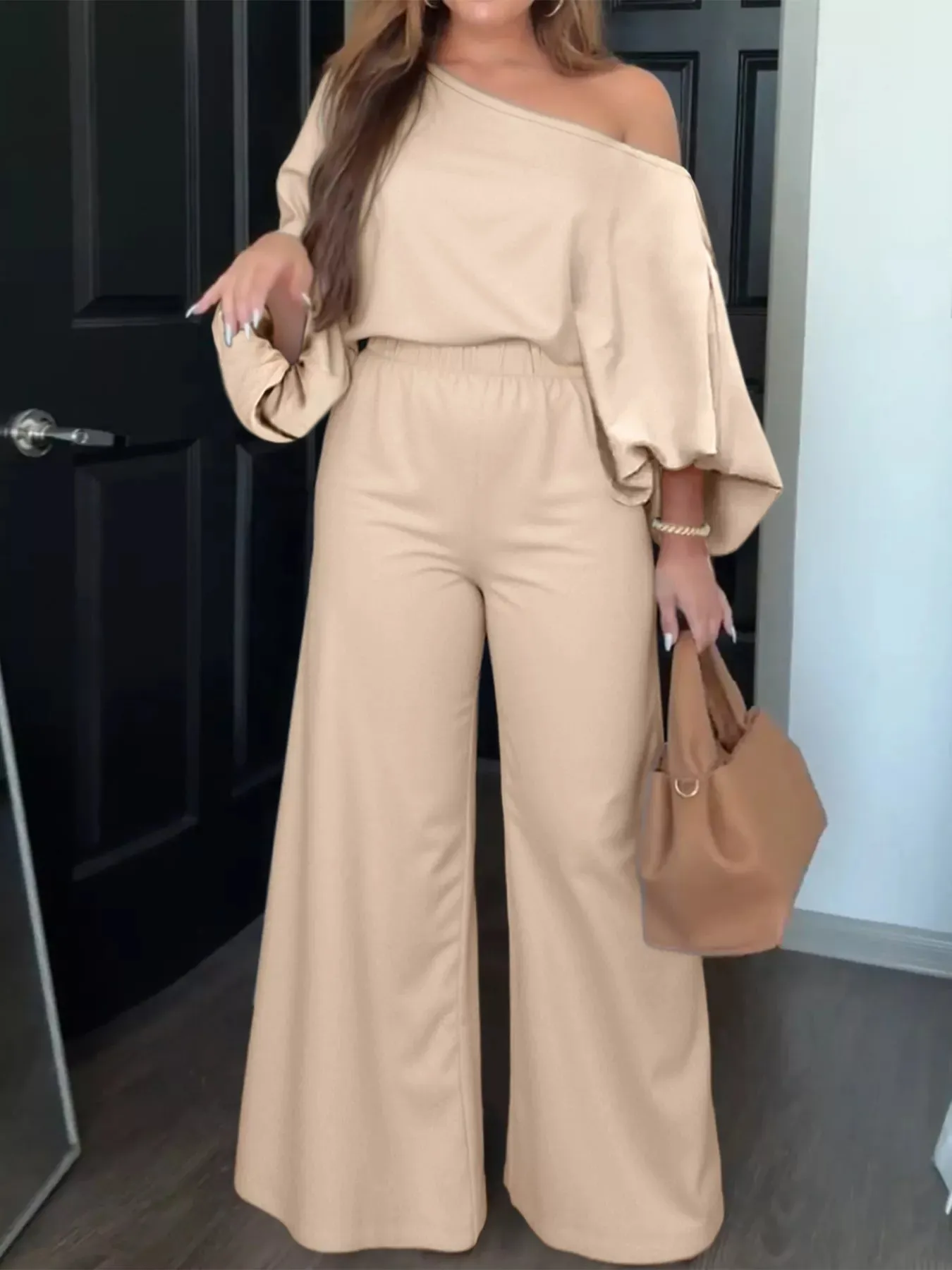 Plus Size One-Shoulder Top and Wide Leg Pants Set sold by Charming Charlie product image thumbnail 3