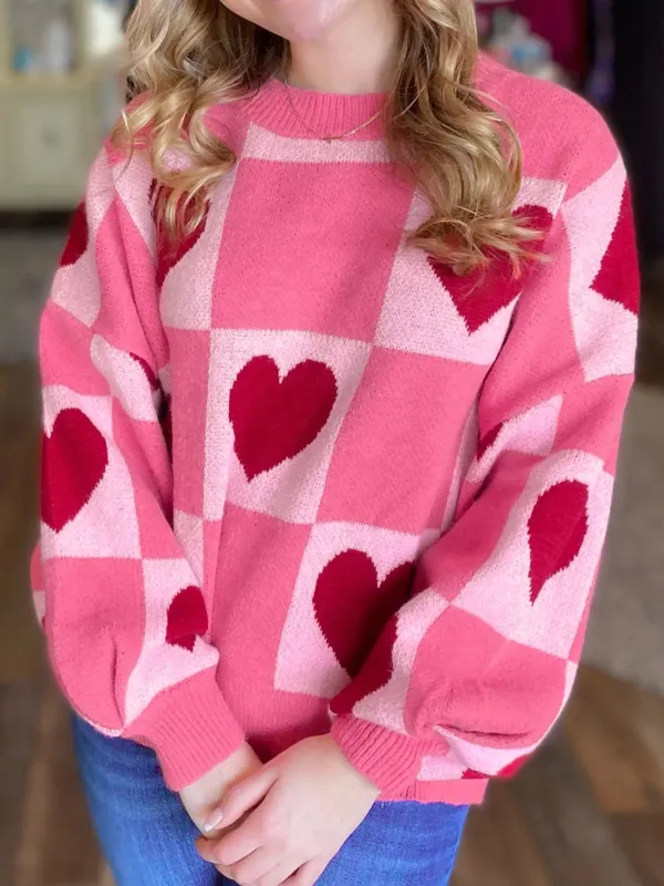 Heart Pattern Checkered Round Neck Sweater sold by Charming Charlie