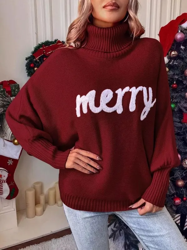 Merry Turtleneck Long Sleeve Christmas Sweater sold by Charming Charlie