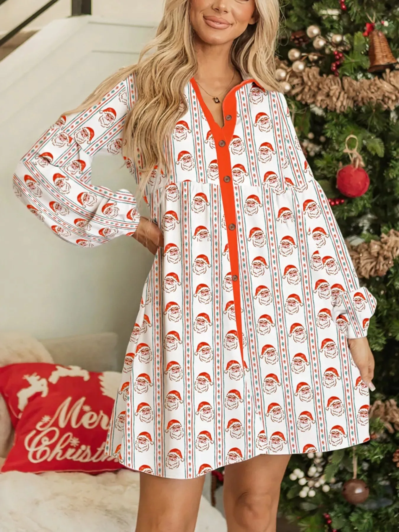 Christmas Santa Print Button Front Mini Dress sold by Charming Charlie