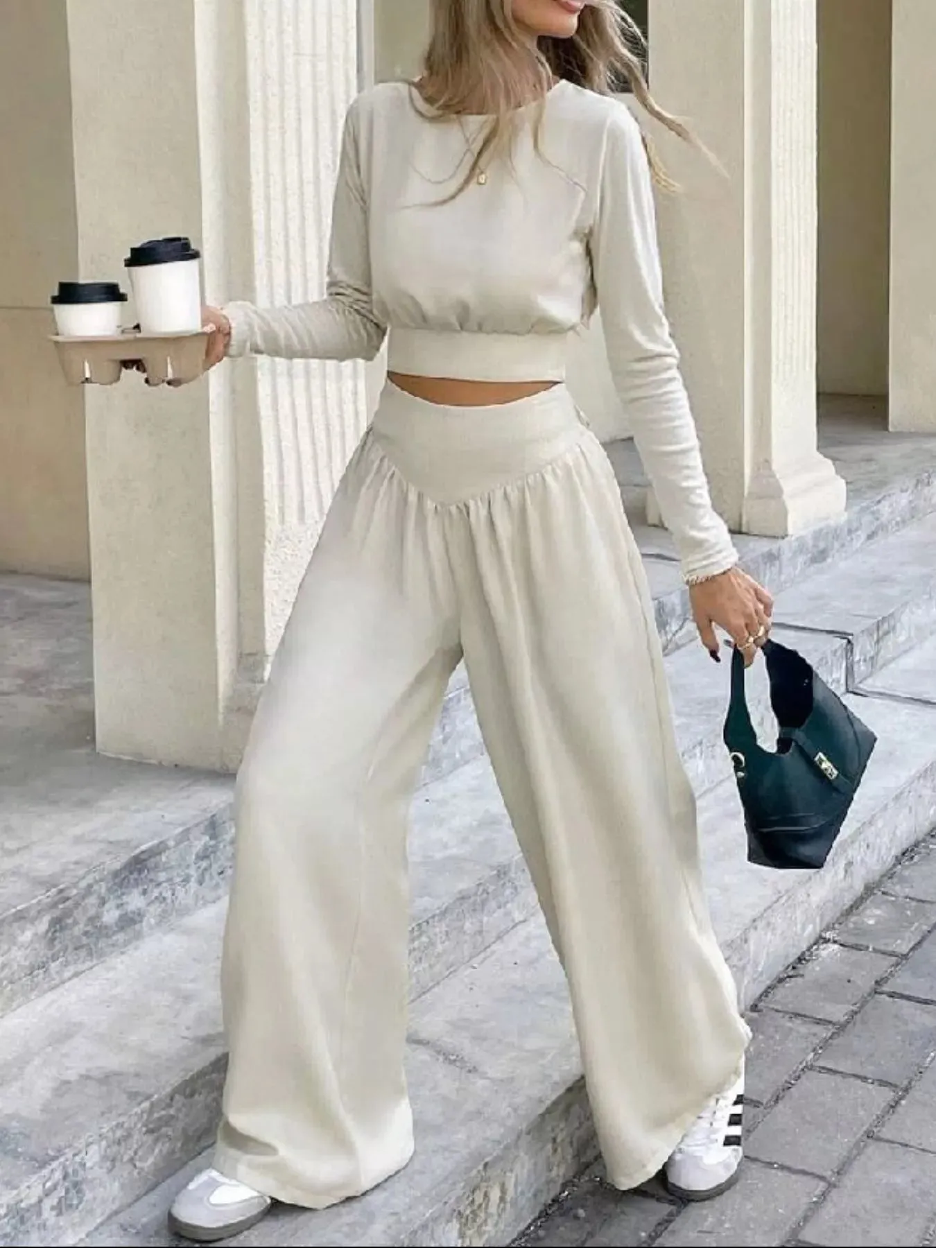 Long Sleeve Crop Top and Wide Leg Pants Set sold by Charming Charlie