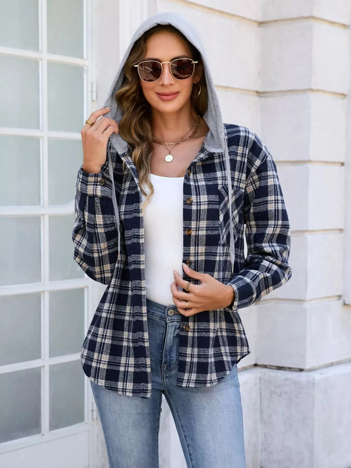 Hooded Plaid Button-Up Shacket sold by Charming Charlie product image thumbnail 3
