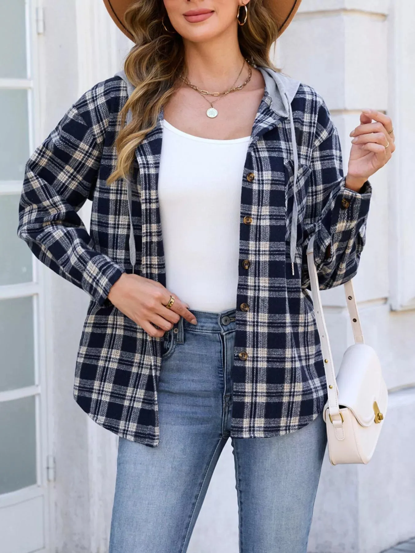 Hooded Plaid Button-Up Shacket sold by Charming Charlie product image thumbnail 4