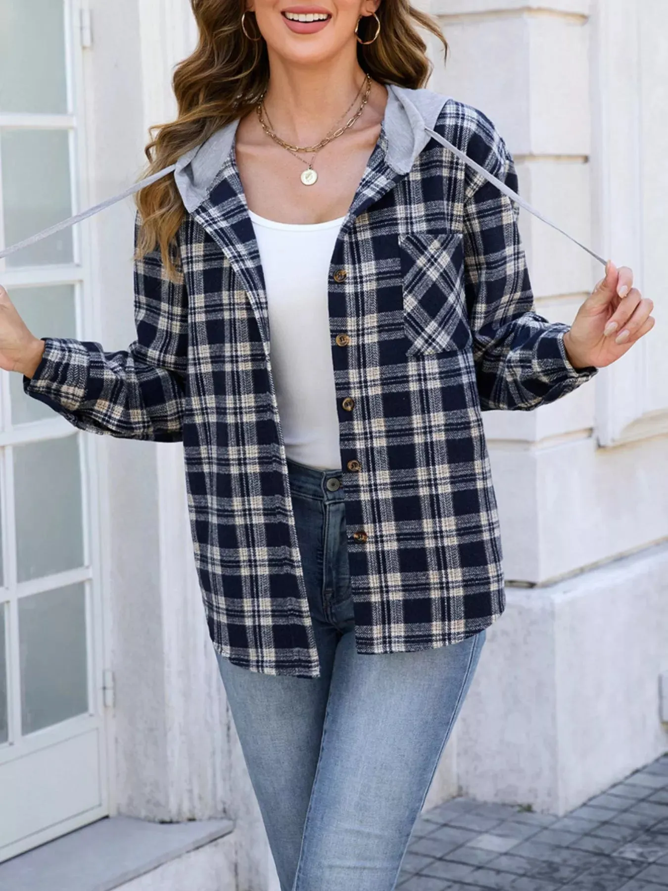 Hooded Plaid Button-Up Shacket sold by Charming Charlie