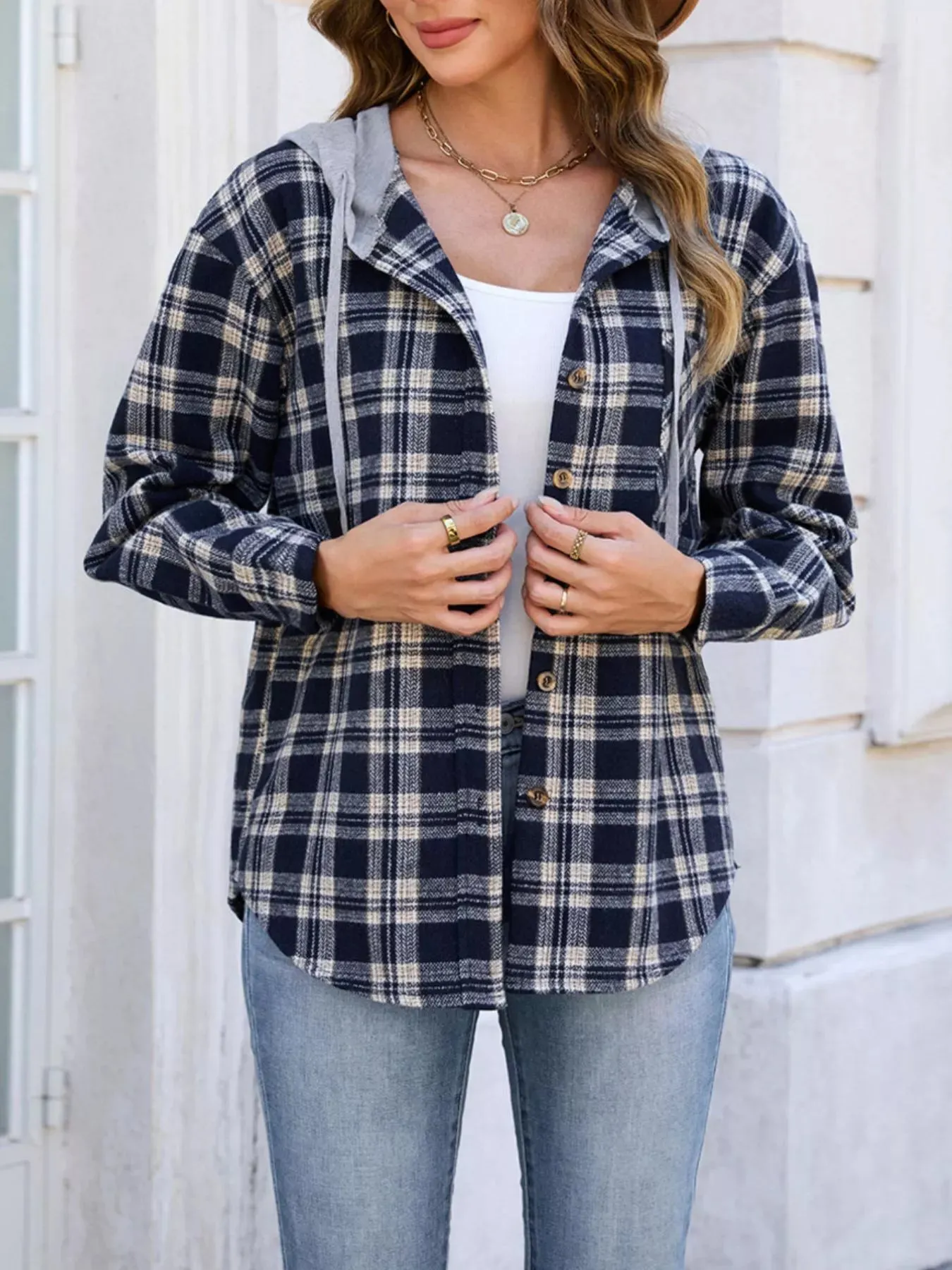 Hooded Plaid Button-Up Shacket sold by Charming Charlie product image thumbnail 2