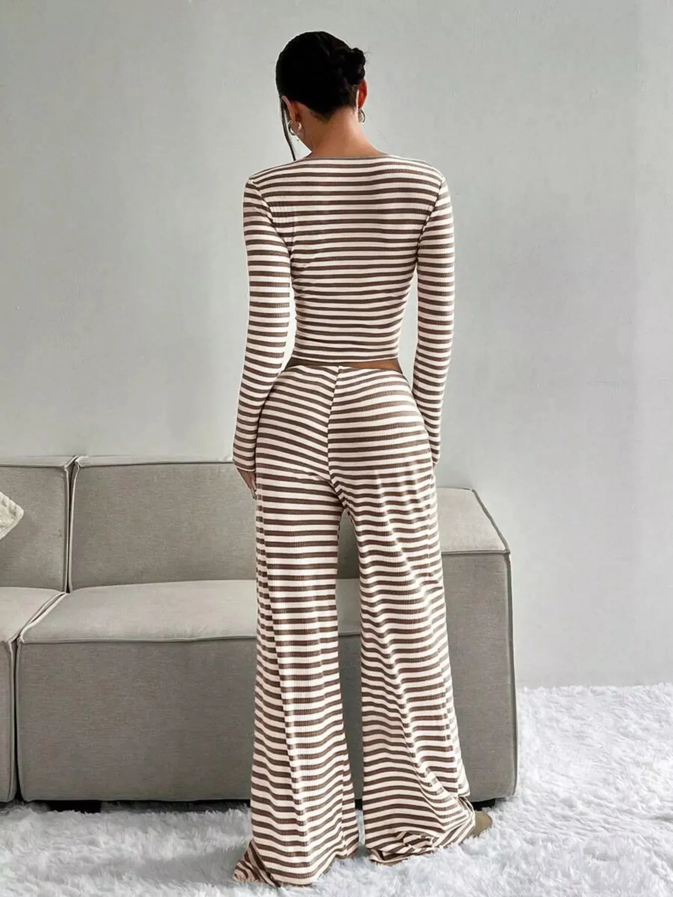 Striped Long Sleeve Crop Top and Wide Leg Pants Set sold by Charming Charlie product image thumbnail 4