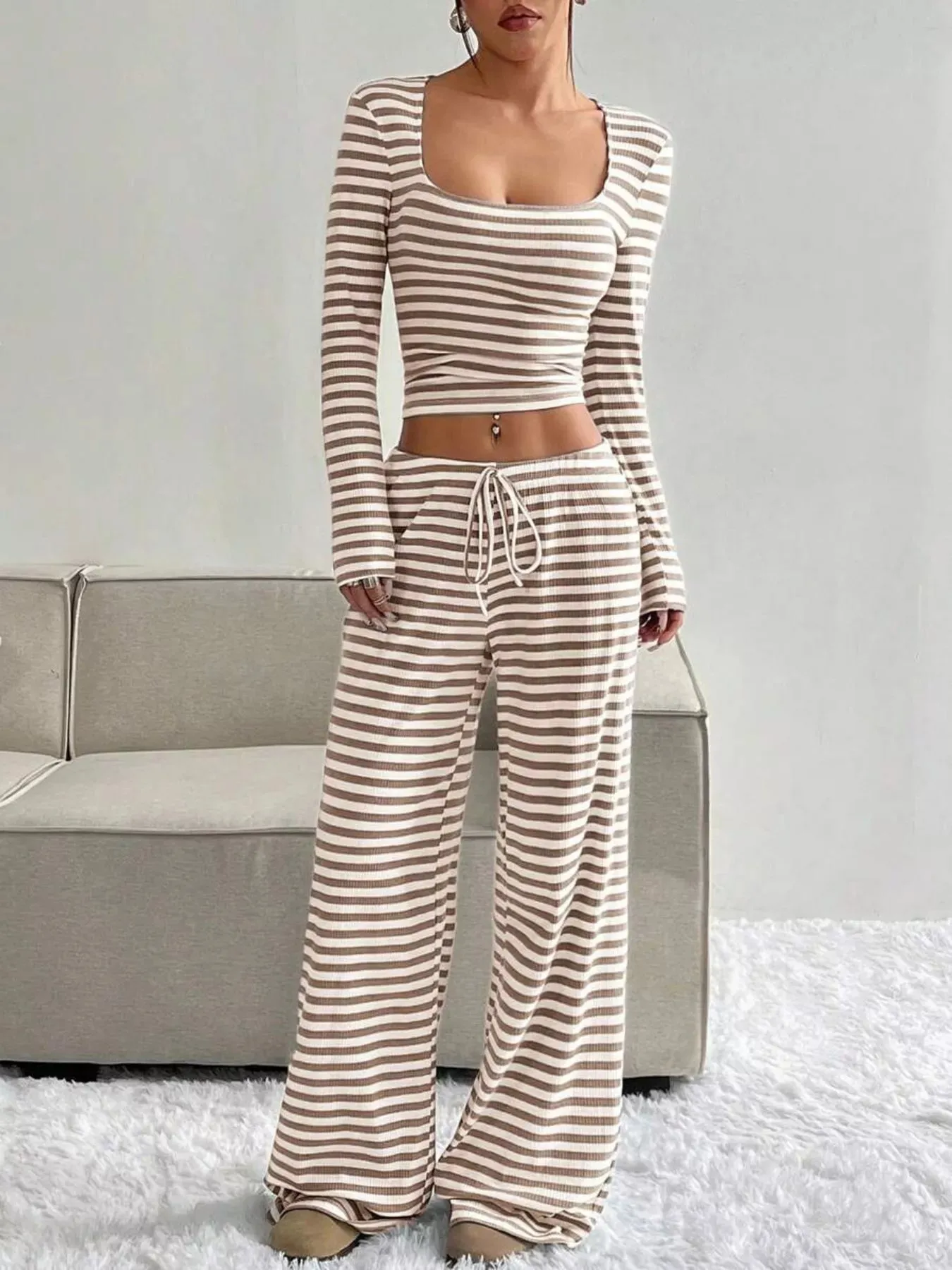 Striped Long Sleeve Crop Top and Wide Leg Pants Set sold by Charming Charlie