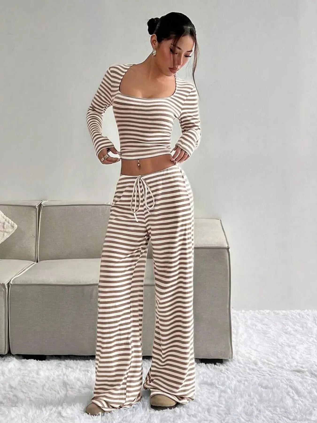 Striped Long Sleeve Crop Top and Wide Leg Pants Set sold by Charming Charlie product image thumbnail 5
