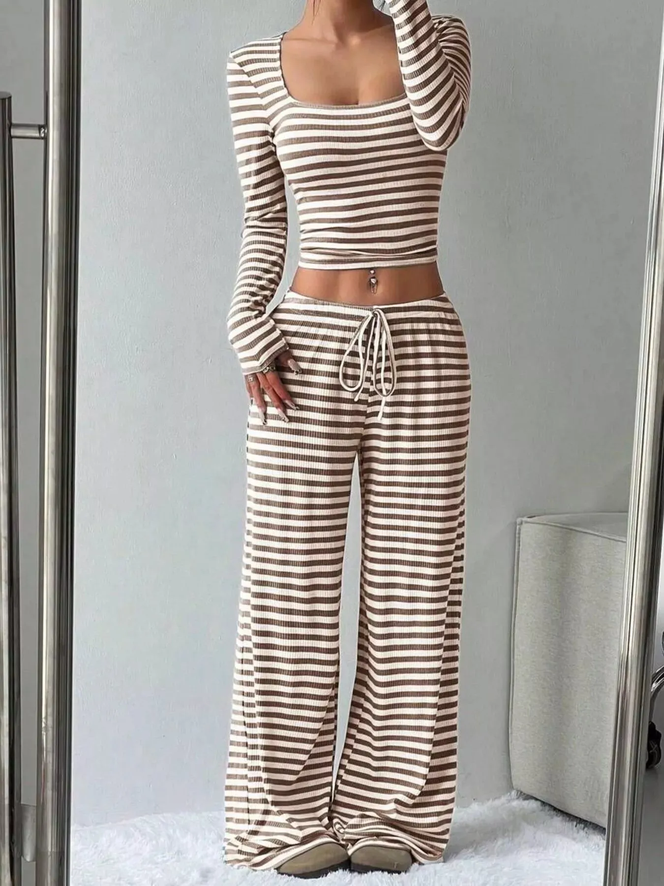 Striped Long Sleeve Crop Top and Wide Leg Pants Set sold by Charming Charlie product image thumbnail 2