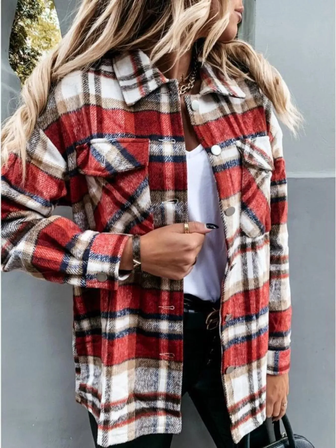 Plaid Button-Down Long Sleeve Shacket sold by Charming Charlie product image thumbnail 5