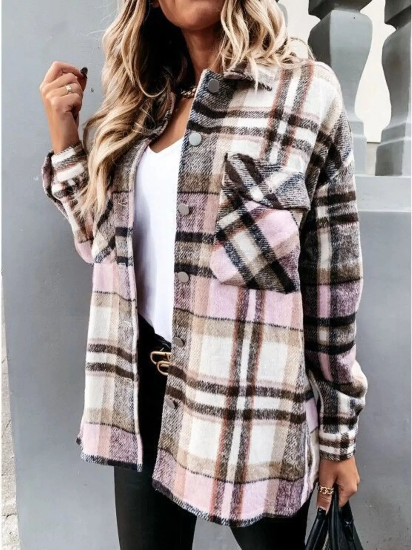 Plaid Button-Down Long Sleeve Shacket sold by Charming Charlie product image thumbnail 2