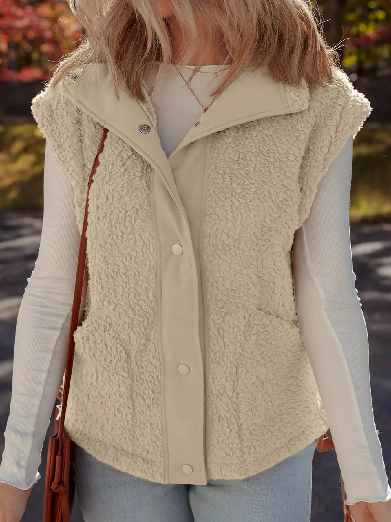 Faux Fur Snap Button Front Knot Side Plush Vest with Pockets sold by Charming Charlie product image thumbnail 3