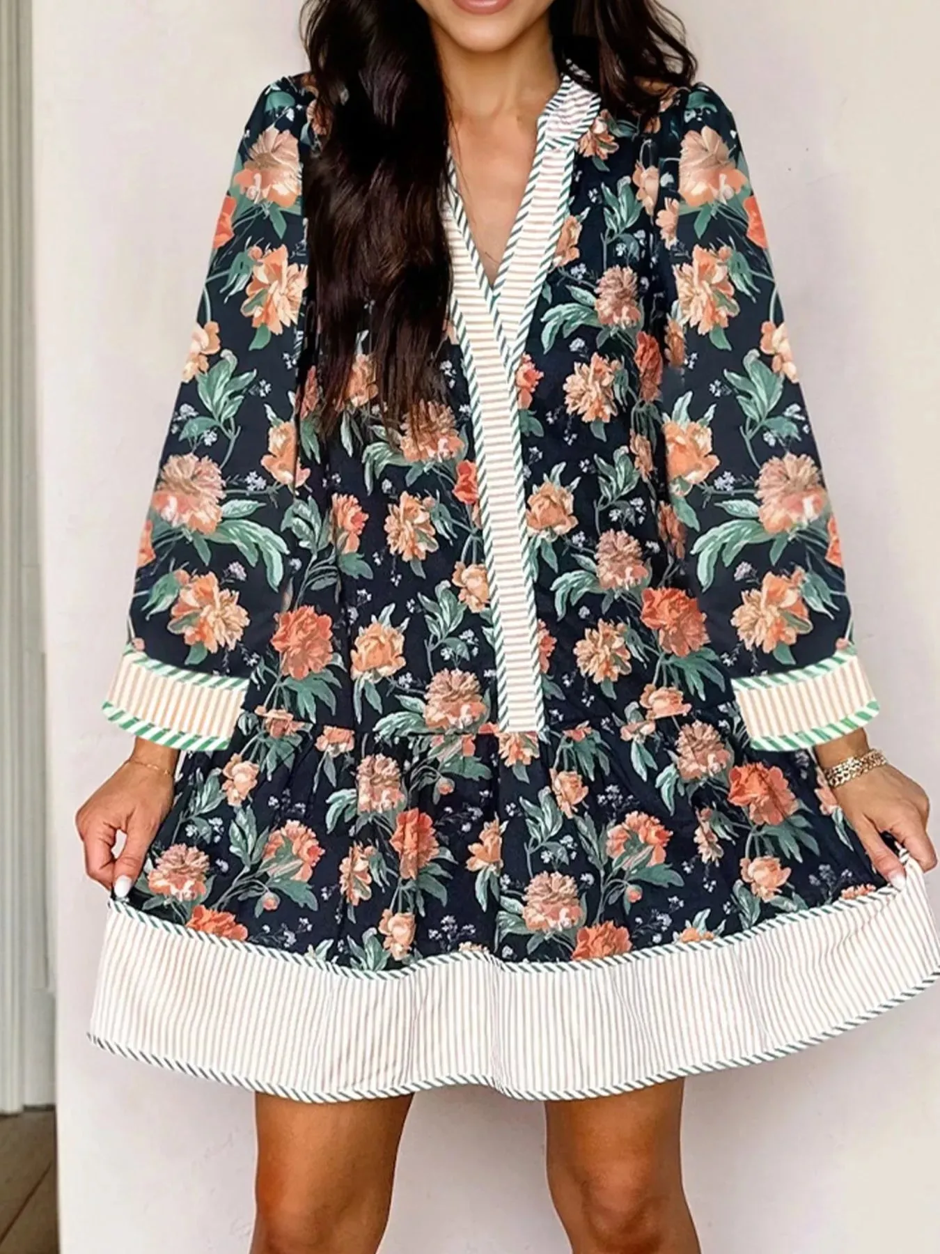 Floral Print Striped Trim V Neck Long Sleeve Ruffle Hem Shift Mini Dress sold by Charming Charlie product image thumbnail 5
