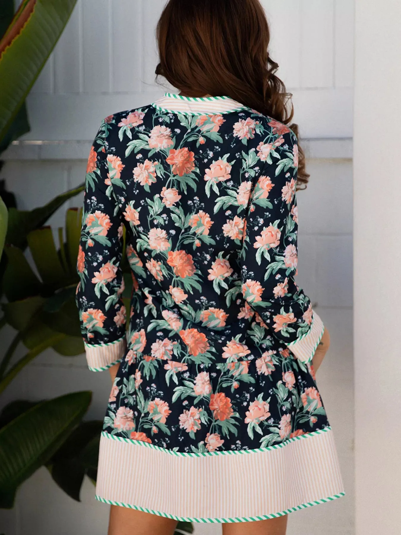 Floral Print Striped Trim V Neck Long Sleeve Ruffle Hem Shift Mini Dress sold by Charming Charlie product image thumbnail 2