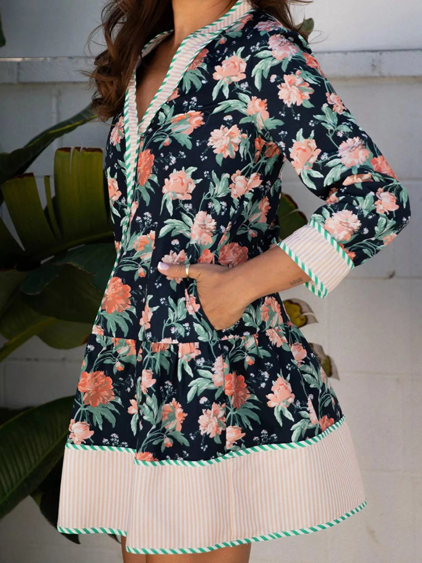 Floral Print Striped Trim V Neck Long Sleeve Ruffle Hem Shift Mini Dress sold by Charming Charlie product image thumbnail 4