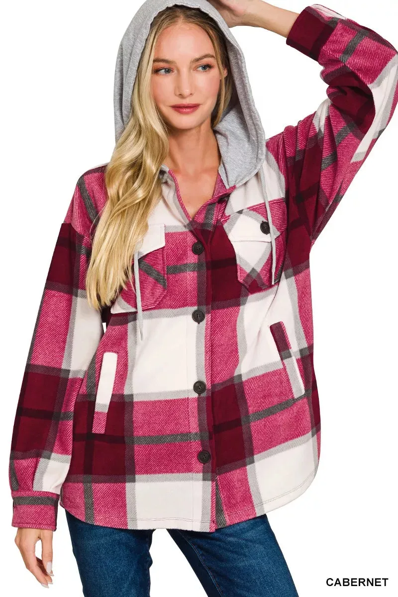 Zenana Plaid Drawstring Hooded Fleece Shacket sold by Charming Charlie product image thumbnail 2