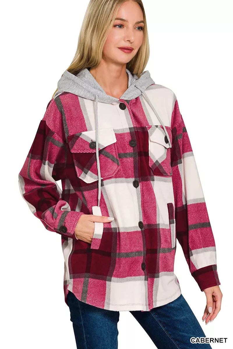Zenana Plaid Drawstring Hooded Fleece Shacket sold by Charming Charlie product image thumbnail 3