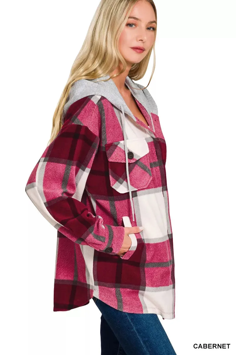 Zenana Plaid Drawstring Hooded Fleece Shacket sold by Charming Charlie product image thumbnail 4