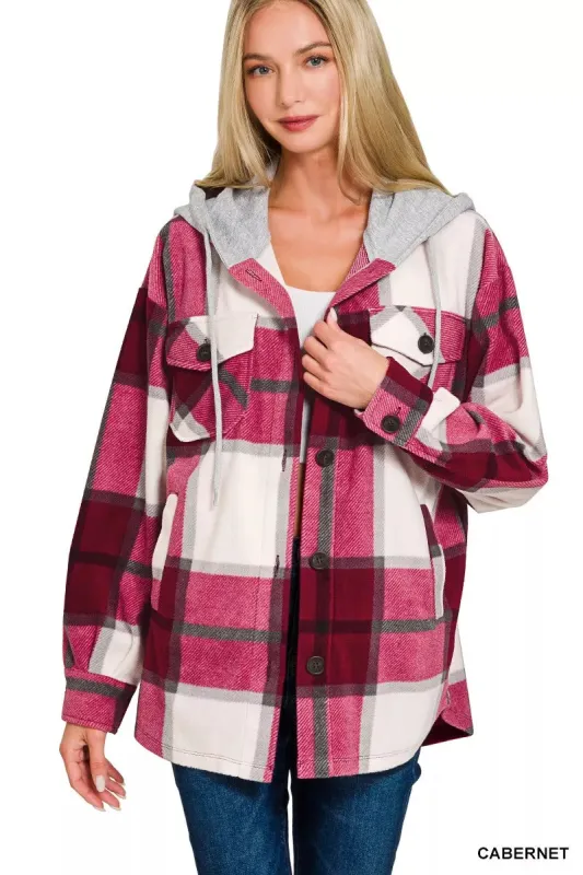 Zenana Plaid Drawstring Hooded Fleece Shacket made by Trendsi