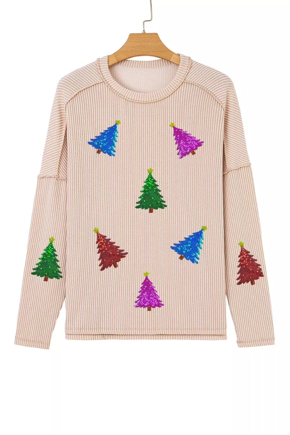 Sequin Christmas Tree Exposed Seam Drop Shoulder Ribbed Long Sleeve Top sold by Charming Charlie product image thumbnail 3