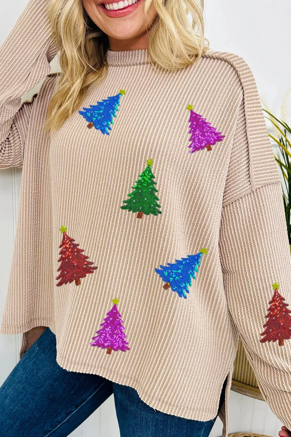 Sequin Christmas Tree Exposed Seam Drop Shoulder Ribbed Long Sleeve Top sold by Charming Charlie product image thumbnail 2