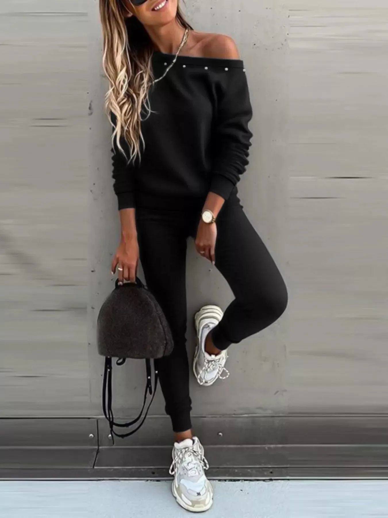 One-Shoulder Pearl Embellished Top and Pants Set sold by Charming Charlie