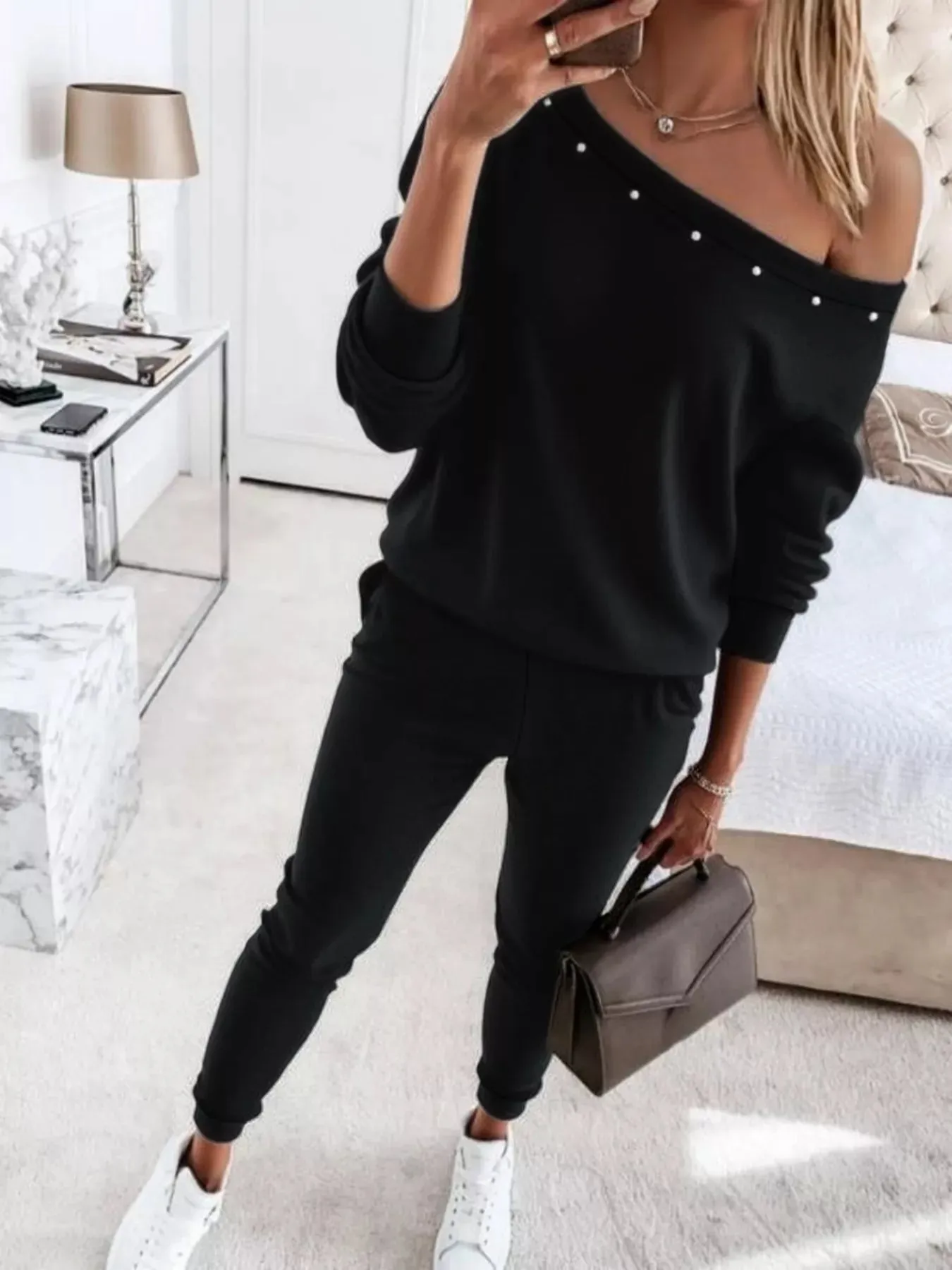 One-Shoulder Pearl Embellished Top and Pants Set sold by Charming Charlie product image thumbnail 2