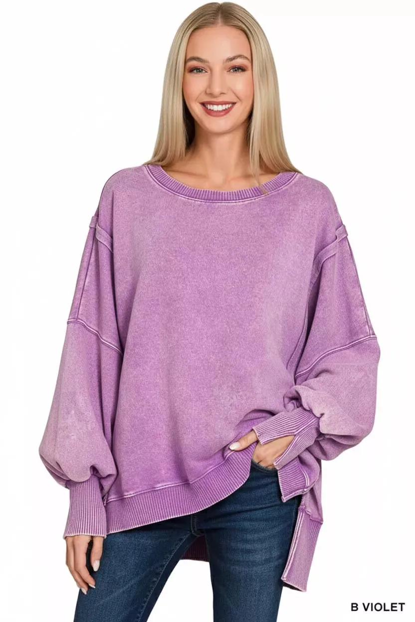Zenana Acid Washed Batwing Sleeve Fleece Sweatshirt sold by Charming Charlie