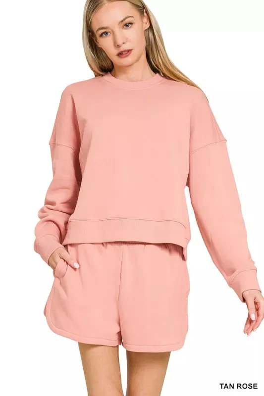 Zenana Fleece Long Sleeve Sweatshirts and Shorts Set sold by Charming Charlie