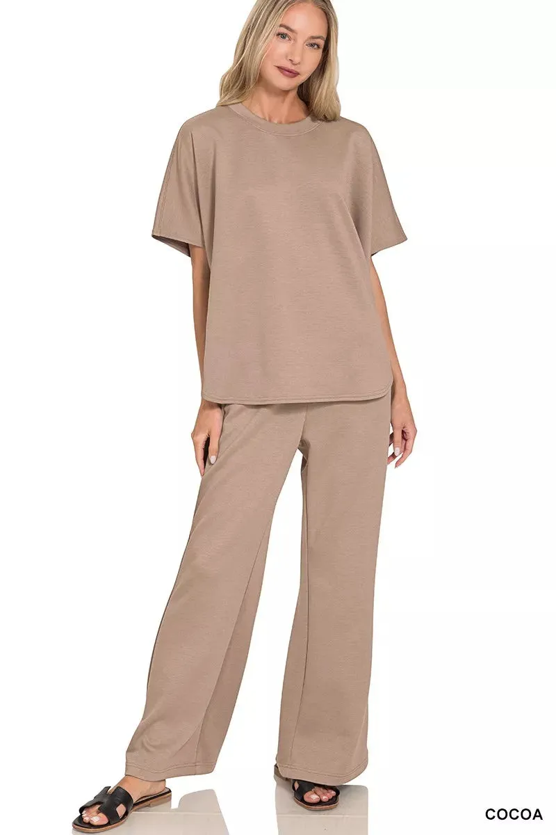 Zenana Scuba Curbed Hem Top & Pants Set sold by Charming Charlie