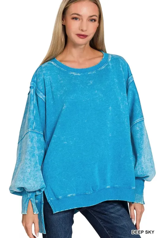 Zenana Acid Washed Batwing Sleeve Fleece Sweatshirt sold by Charming Charlie
