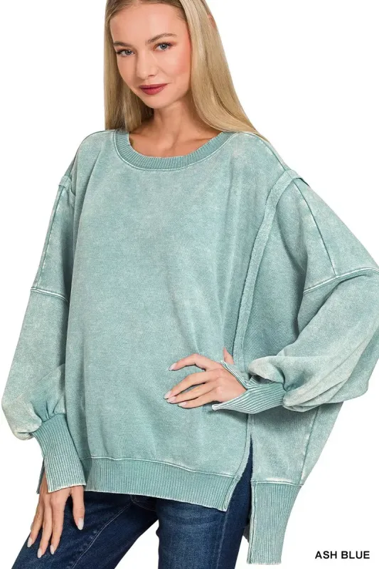 Zenana Acid Washed Batwing Sleeve Fleece Sweatshirt sold by Charming Charlie