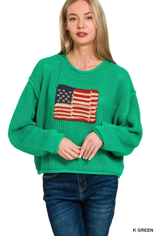 Zenana American Flag Crew Neck Sweater sold by Charming Charlie
