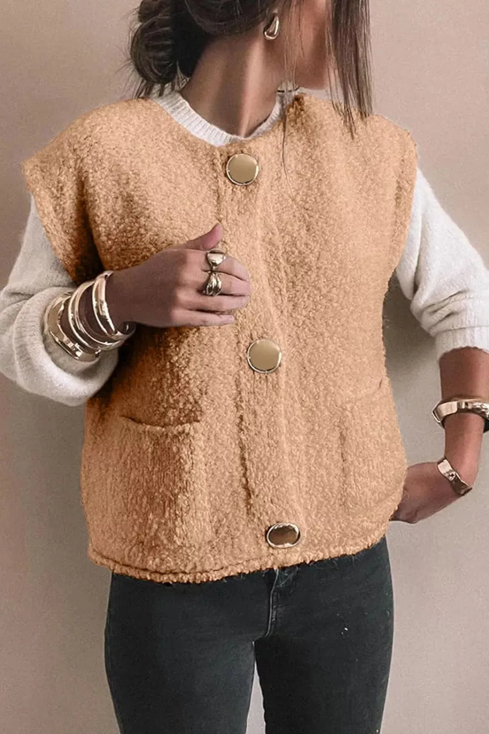 Fleece Button-Down Vest Coat sold by Charming Charlie product image thumbnail 2