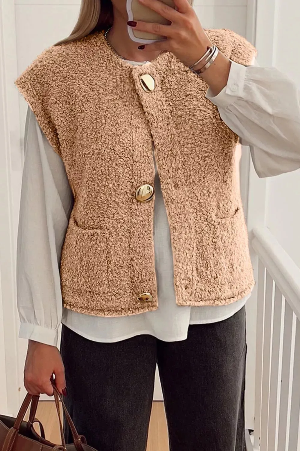 Fleece Button-Down Vest Coat sold by Charming Charlie product image thumbnail 4