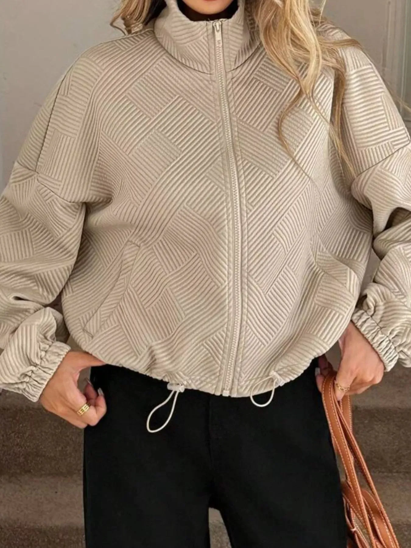 Textured Zip-Up Drawstring Hem Jacket sold by Charming Charlie product image thumbnail 3