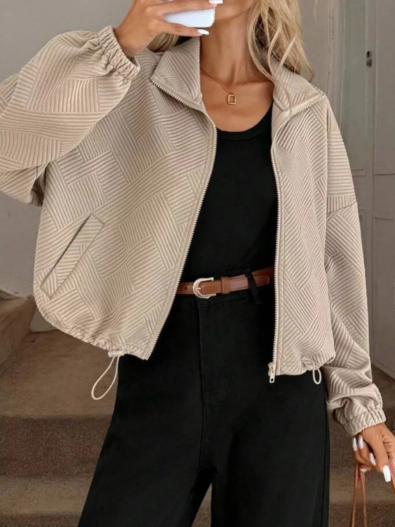 Textured Zip-Up Drawstring Hem Jacket sold by Charming Charlie product image thumbnail 4