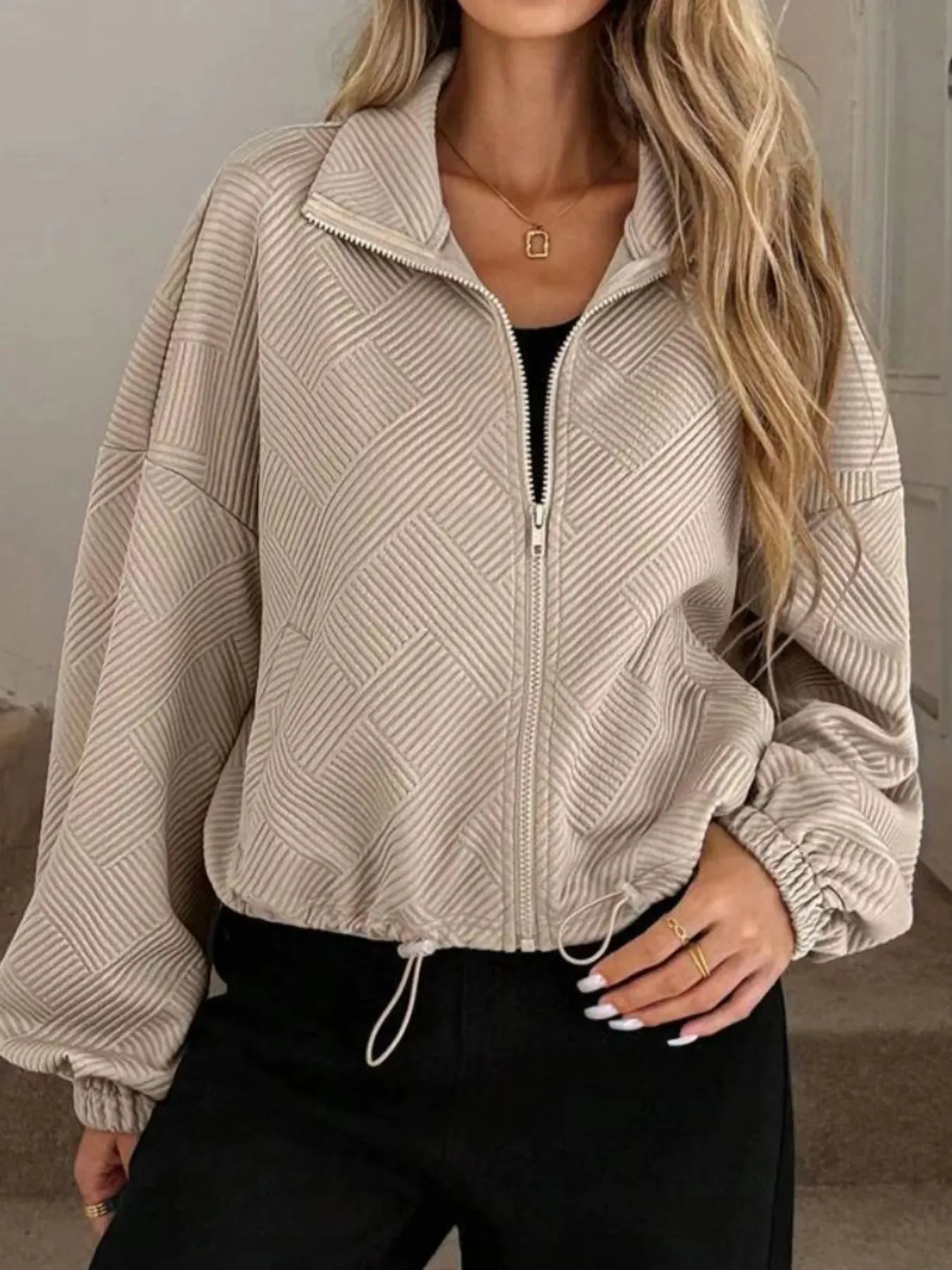 Textured Zip-Up Drawstring Hem Jacket sold by Charming Charlie