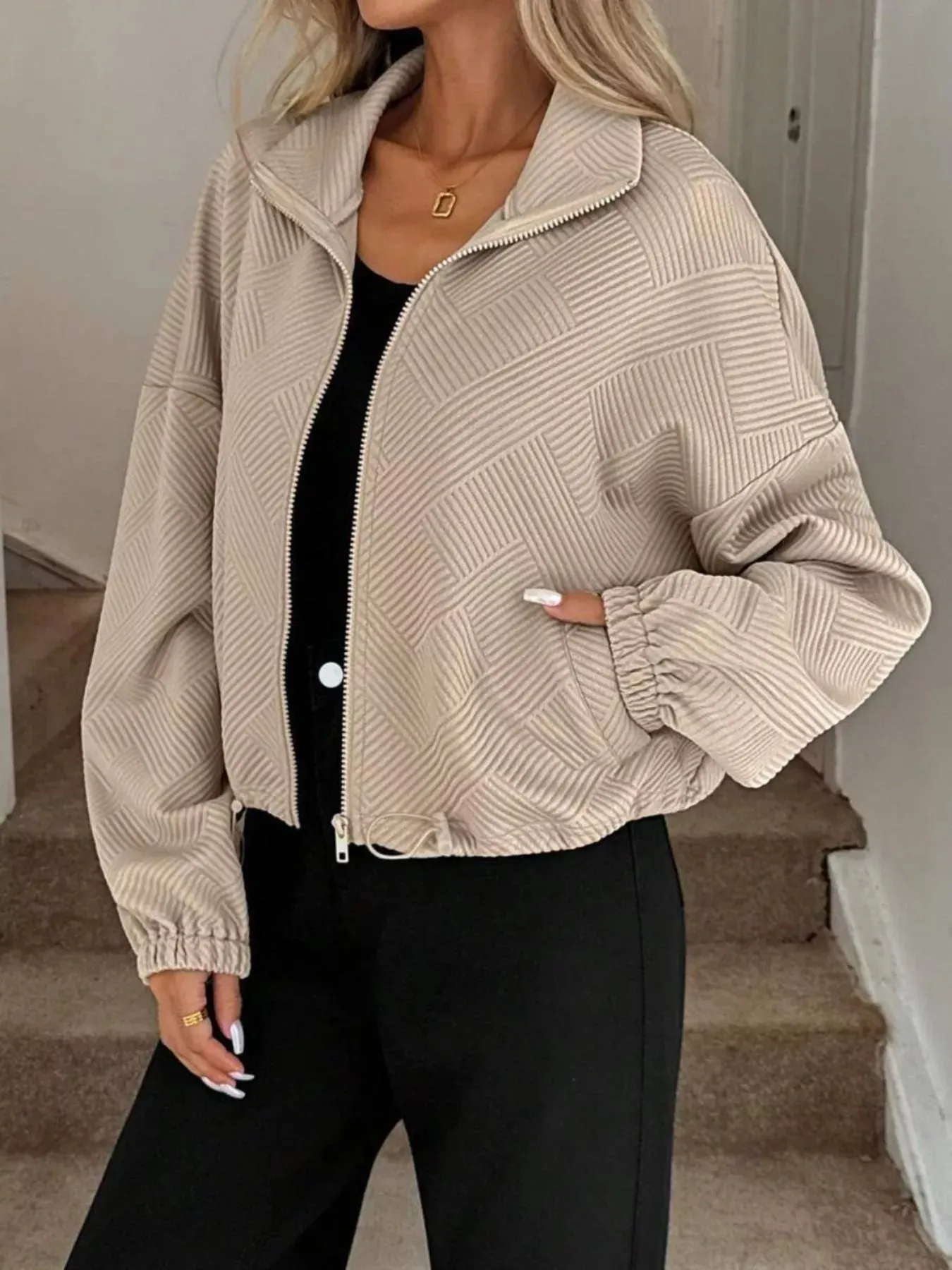 Textured Zip-Up Drawstring Hem Jacket sold by Charming Charlie product image thumbnail 2
