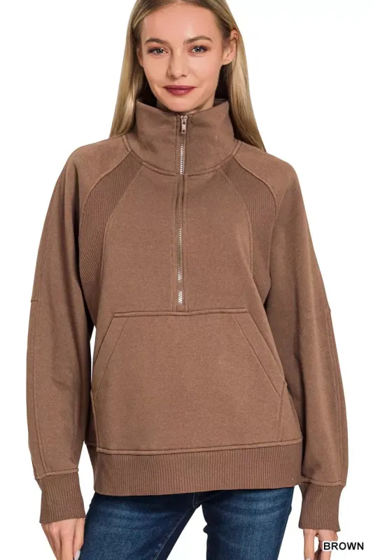 Zenana Half Zip Fleece Sweatshirt with kangaroo Pocket sold by Charming Charlie