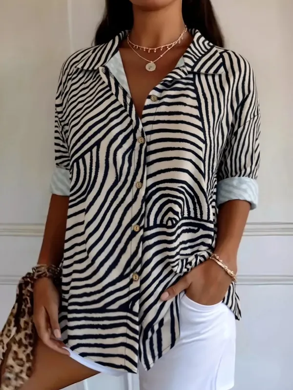 Plus Size Abstract Zebra Print Button-Down Shirt sold by Charming Charlie