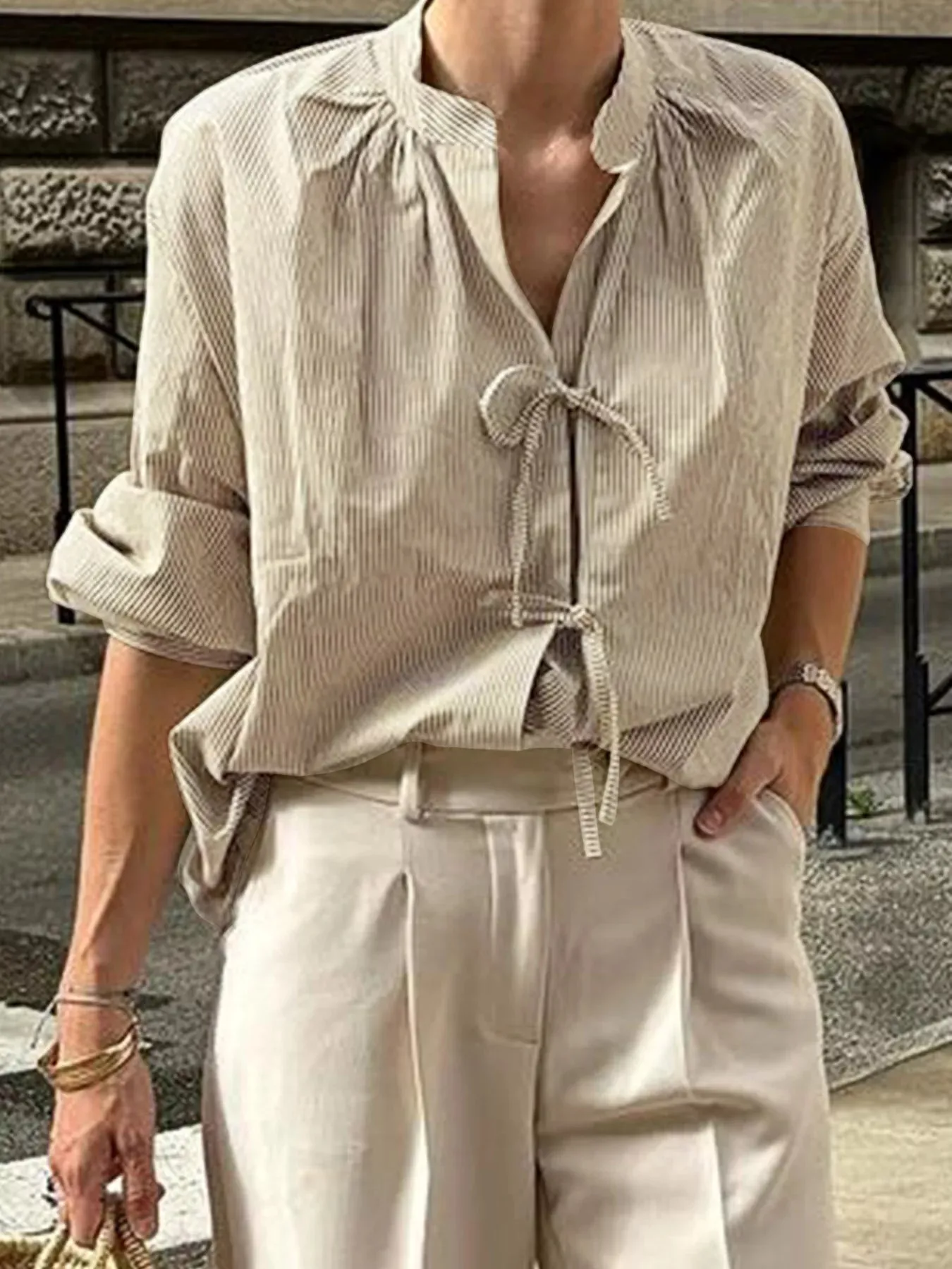 Striped Tie-Front Long Sleeve Shirt sold by Charming Charlie product image thumbnail 3