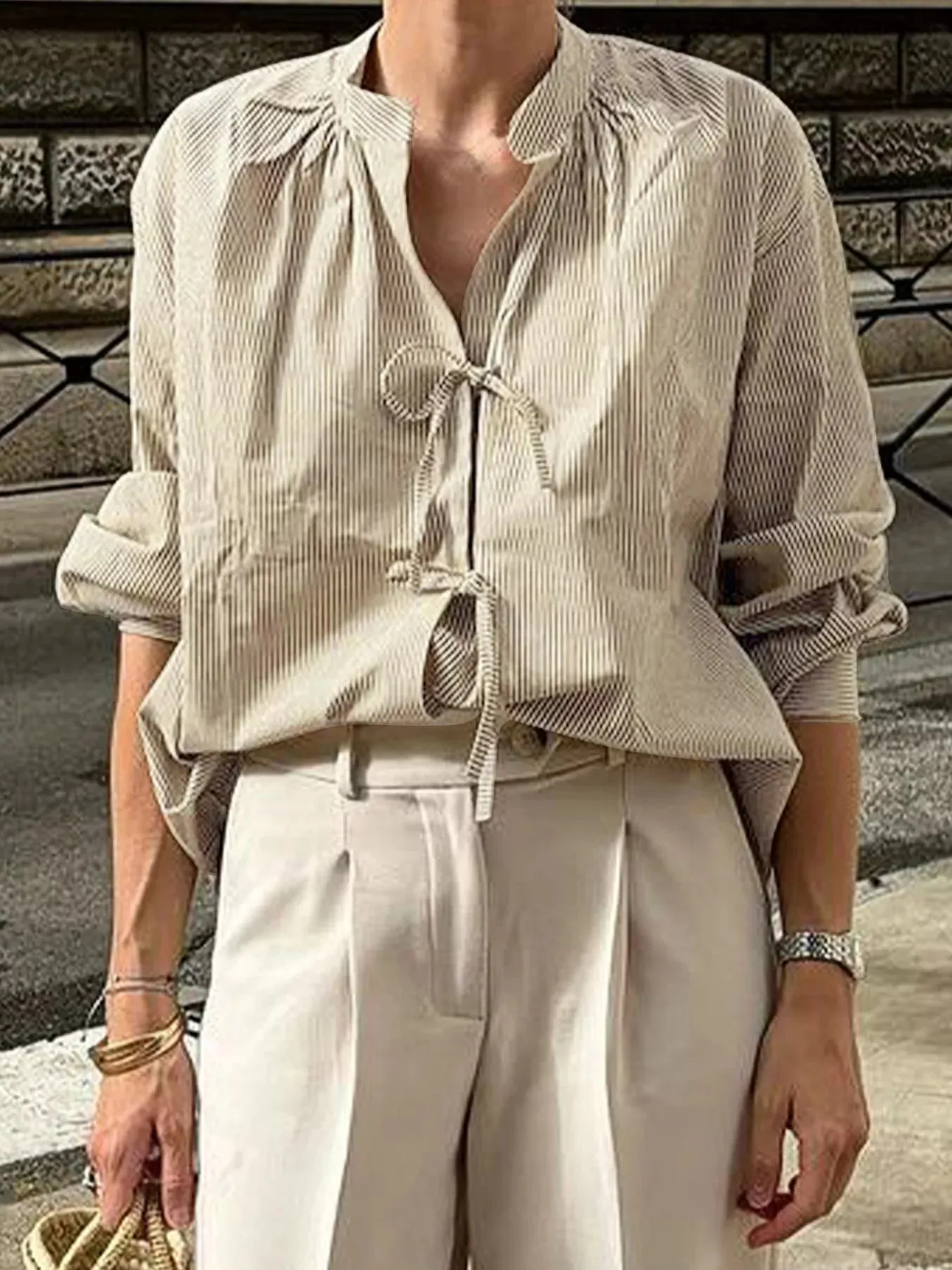 Striped Tie-Front Long Sleeve Shirt sold by Charming Charlie product image thumbnail 4