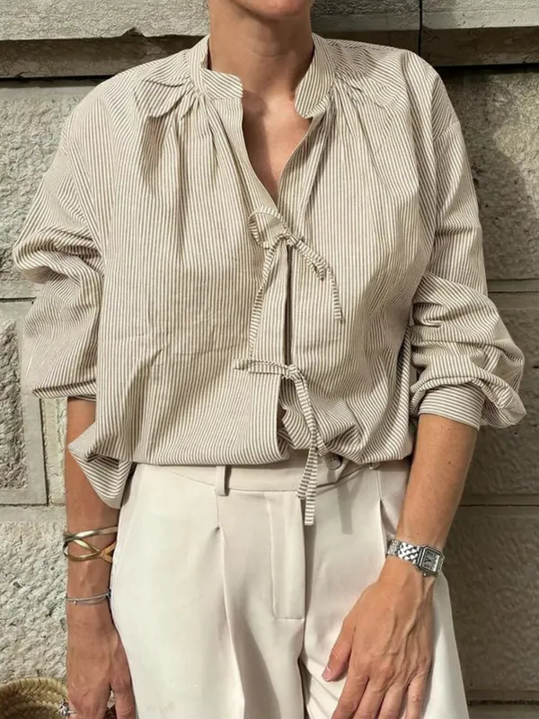 Striped Tie-Front Long Sleeve Shirt sold by Charming Charlie